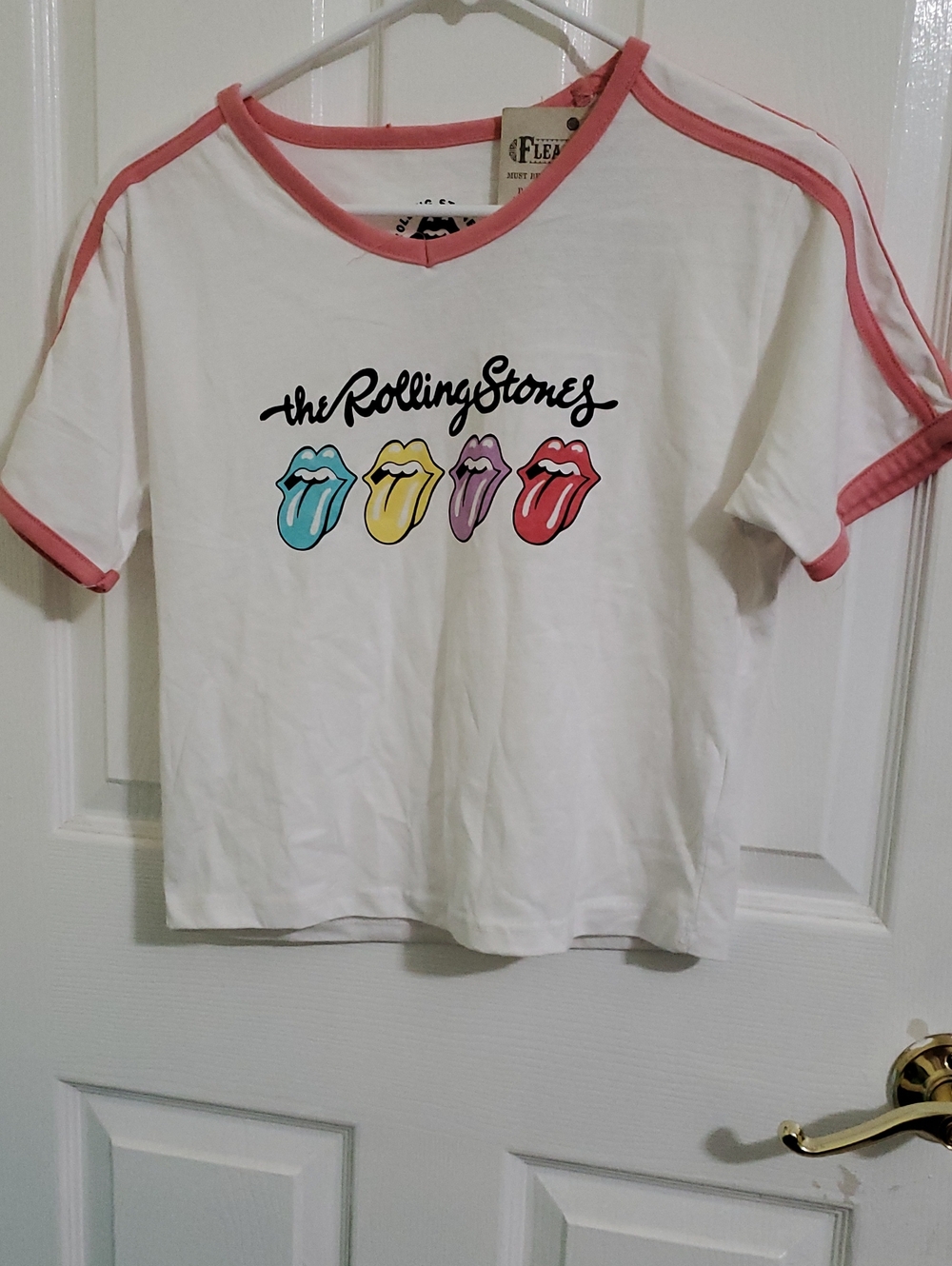 The Rolling Stones White Multi-Color Tongues Pink Trim Cropped Baby Tee L